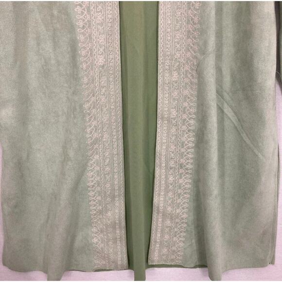 New Solitaire Green Embroidered Boho Faux Suede Open Front Long Coat Small E25 - Picture 3 of 8